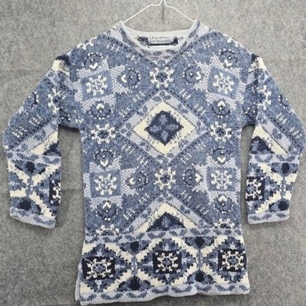 Signature Intarsia Knit Sweater Geometric Pattern Blue White Knitwear